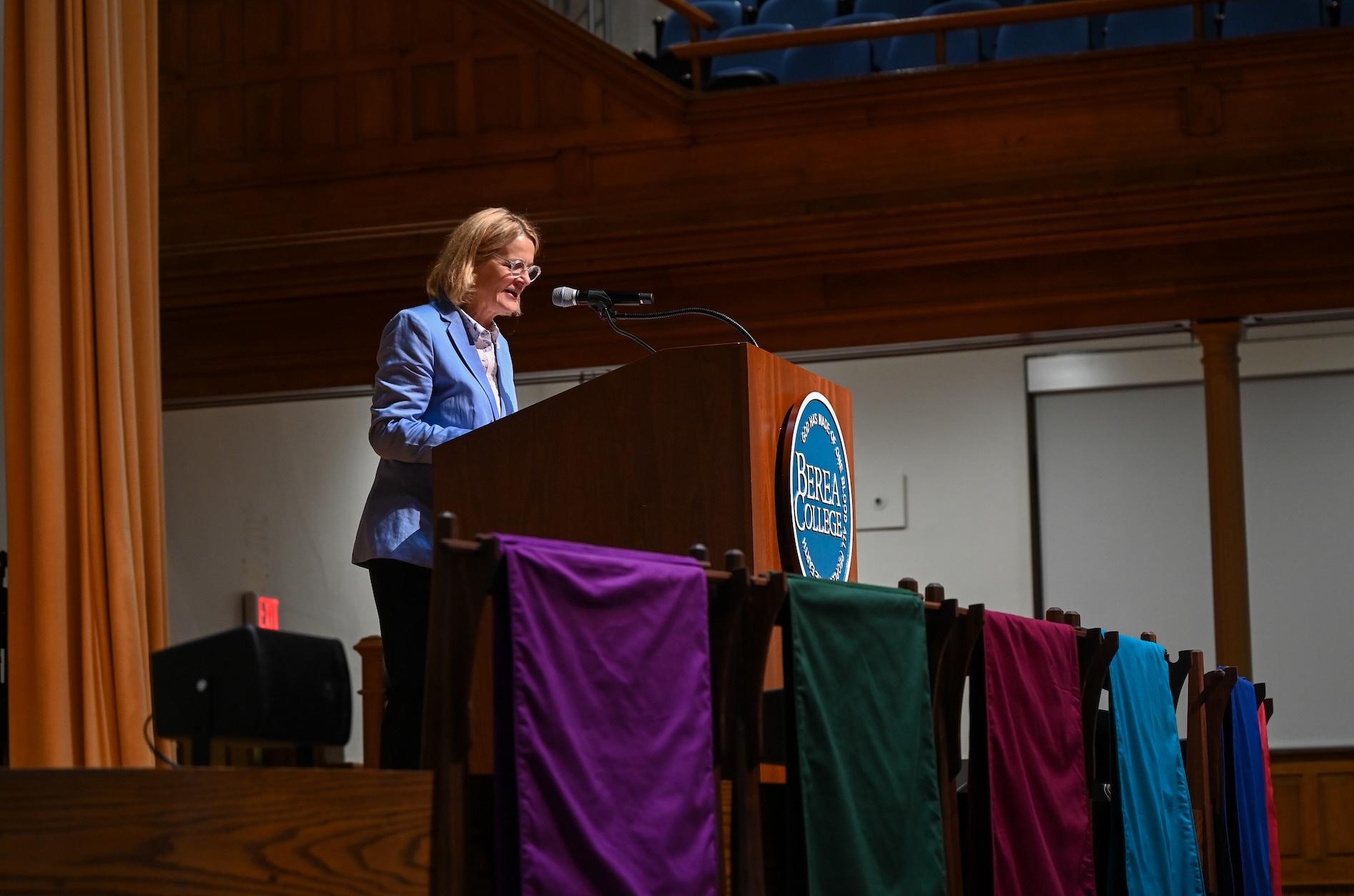 Cheryl L. Nixon, President of Berea College, offering remarks at the first-year pinning ceremony in August 2024.